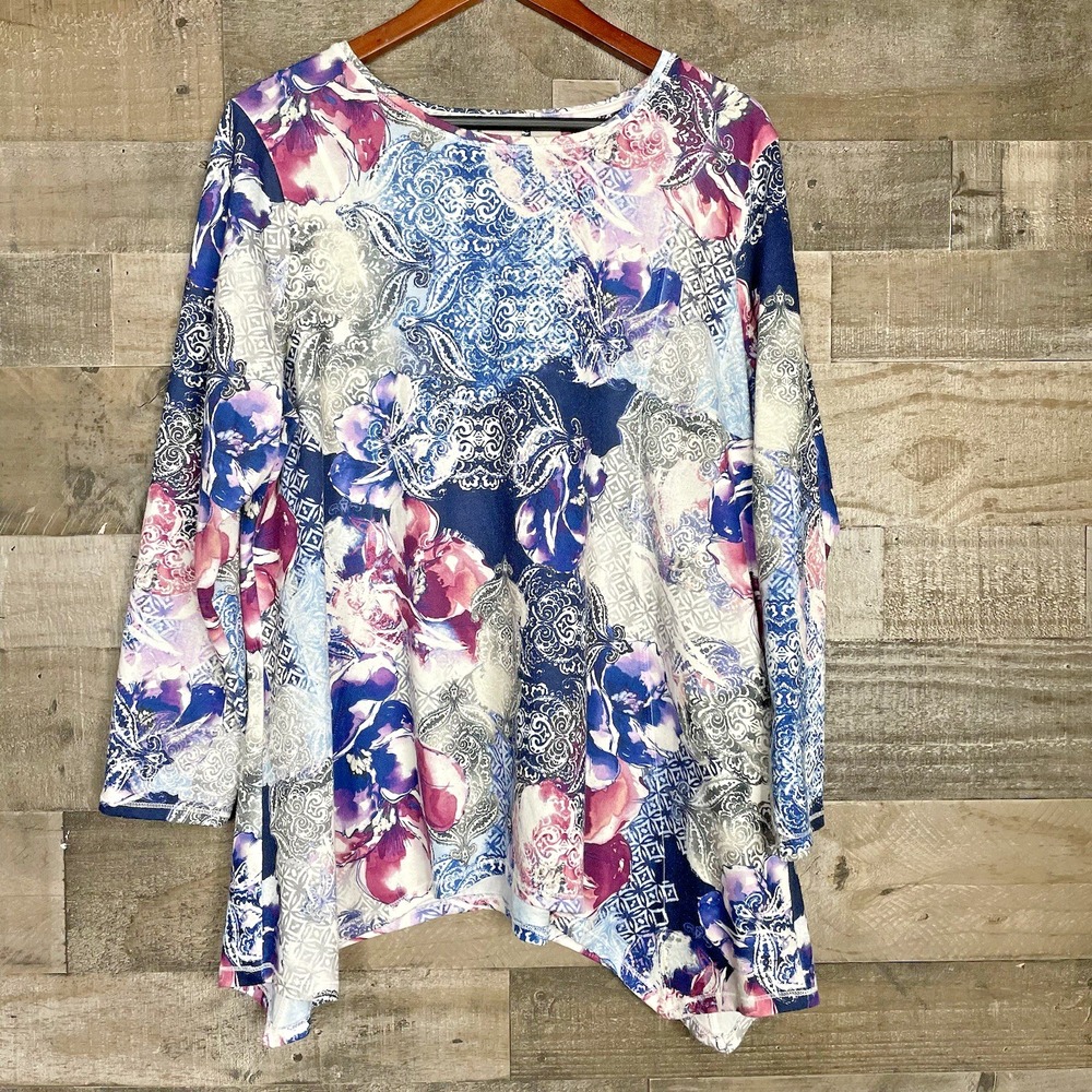 Zenergy By Chico's Womens Size 3 16 18 Multicolor Floral Pink 3/4 Sleeve Sweater